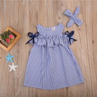 New Summer Dress Toddler Kids Baby Girls Lovely Birthday Clothes Blue Striped Off-shoulder Ruffles Party Gown Dresses
