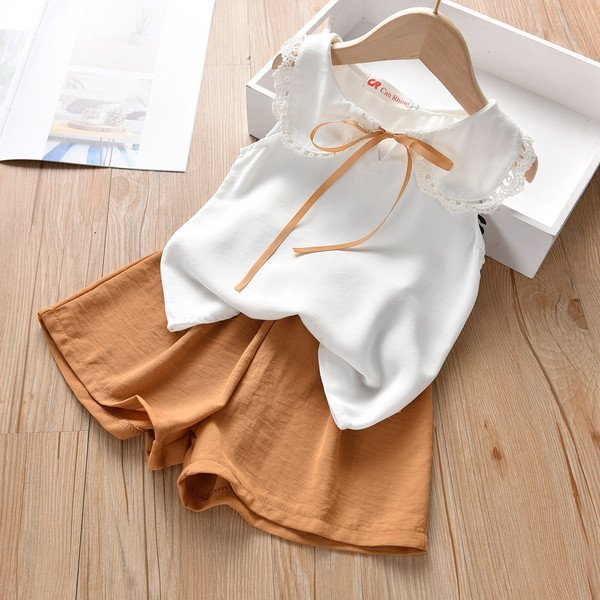 Sleeveless Baby Collar Tops + Broad Leg Shorts Sets for 1-6years Girls 2pcs Summer Kids Girl Cotton Outfits Children Clothes