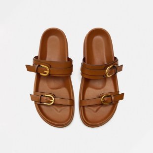 2025 Brown Metal Buckle Flat SlipperWomen Round Head Open Toe Flatfrom Slppers