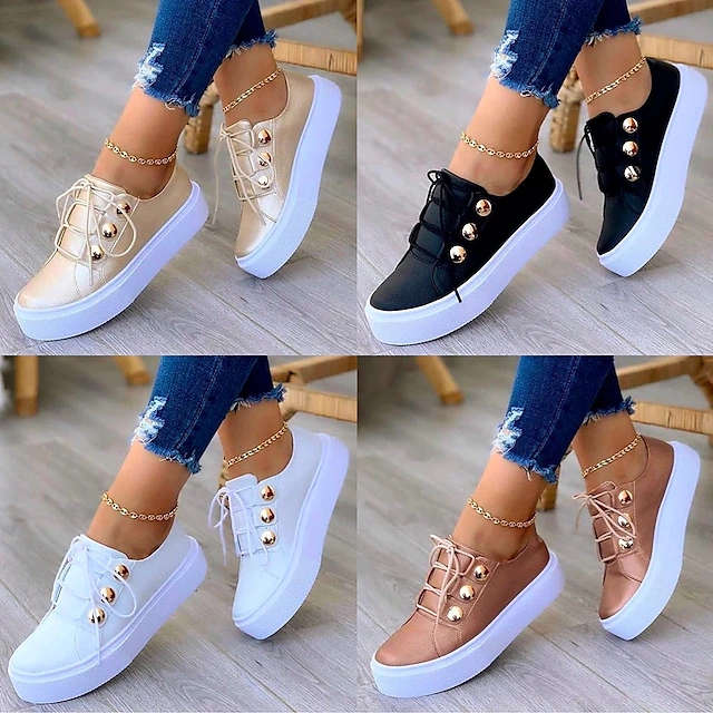 Women's Sneakers Plus Size White Studs Flat Heel Round Toe Outdoor Walking Shoes PU Leather Lace Up Shoes