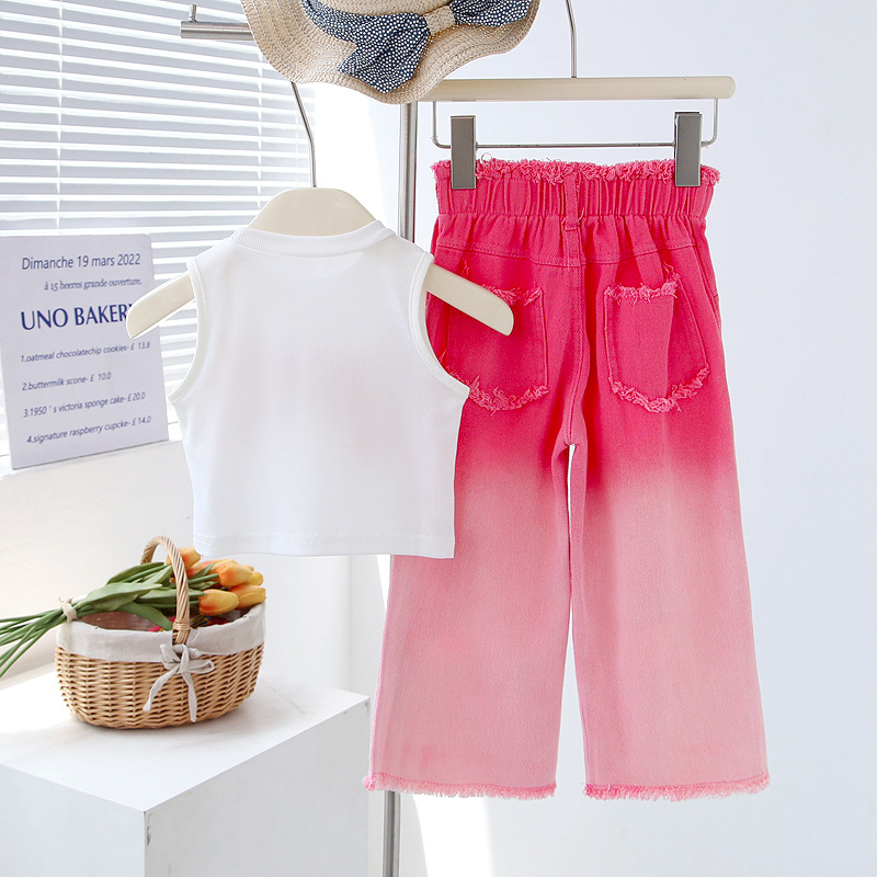 Girls' summer suit children's sleeveless ripped jeans two-piece set of medium and big boys girls' summer clothes