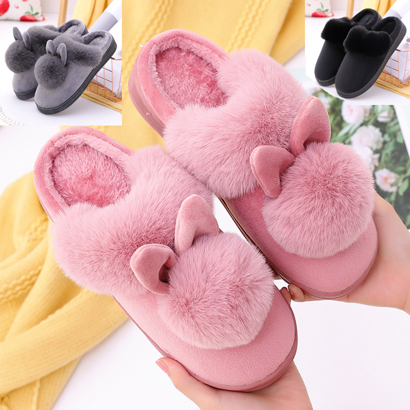 Women's Winter Warm Slippers Cute Cartoon Embroidery Round Head Flat Bottom Plush Indoor Home Bedroom Floor Slippers