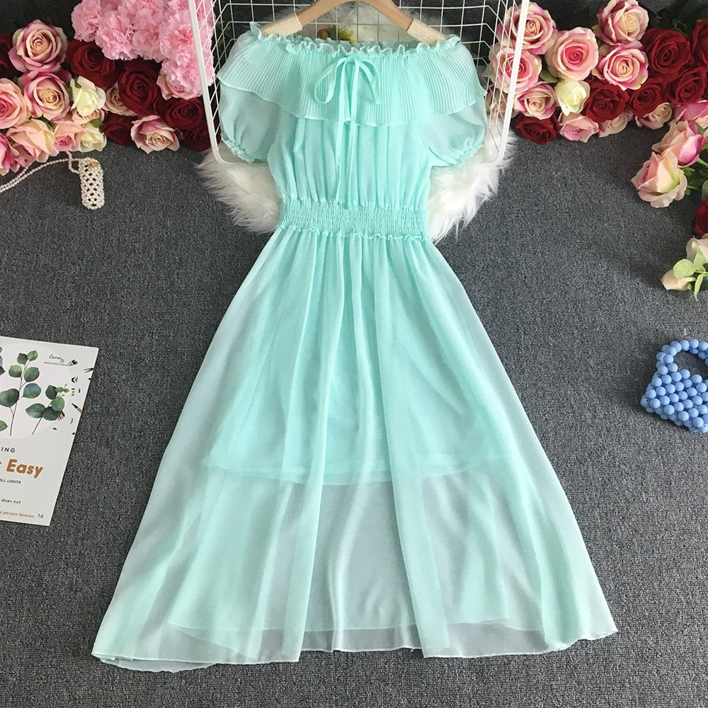 Vacation Slightly Transparent Dress Super Immortal Sweet 100 Pleated Ruffle Edge One Line Neckline Fashionable Knee Length Chiff