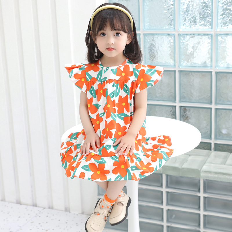 Summer Sweet Small and Medium Girls Cartoon Printed Cotton A-line Dress Dress