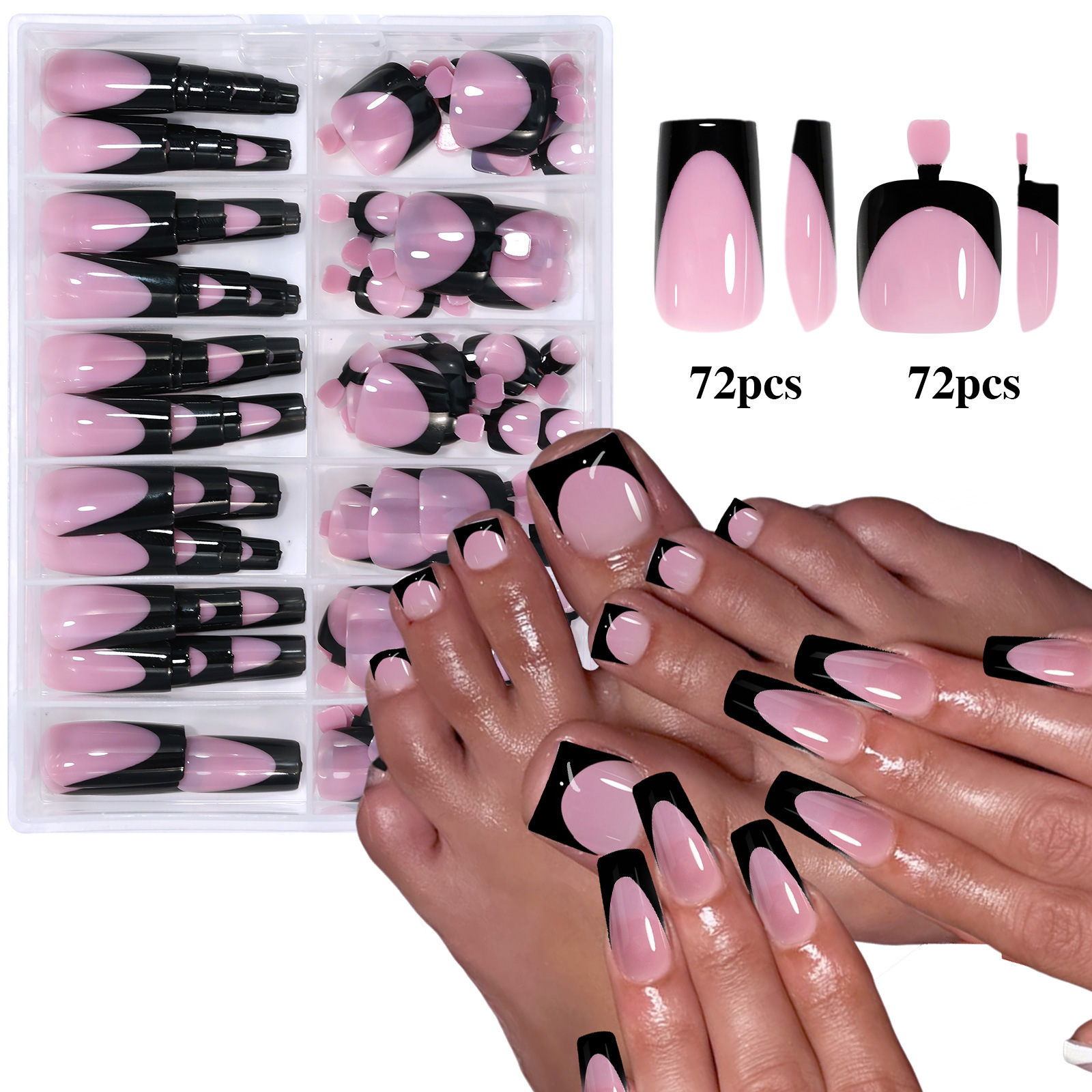144pcs French hand and foot wear nail set summer short square shiny false toenail acrylic full coverage suitable for nail salo