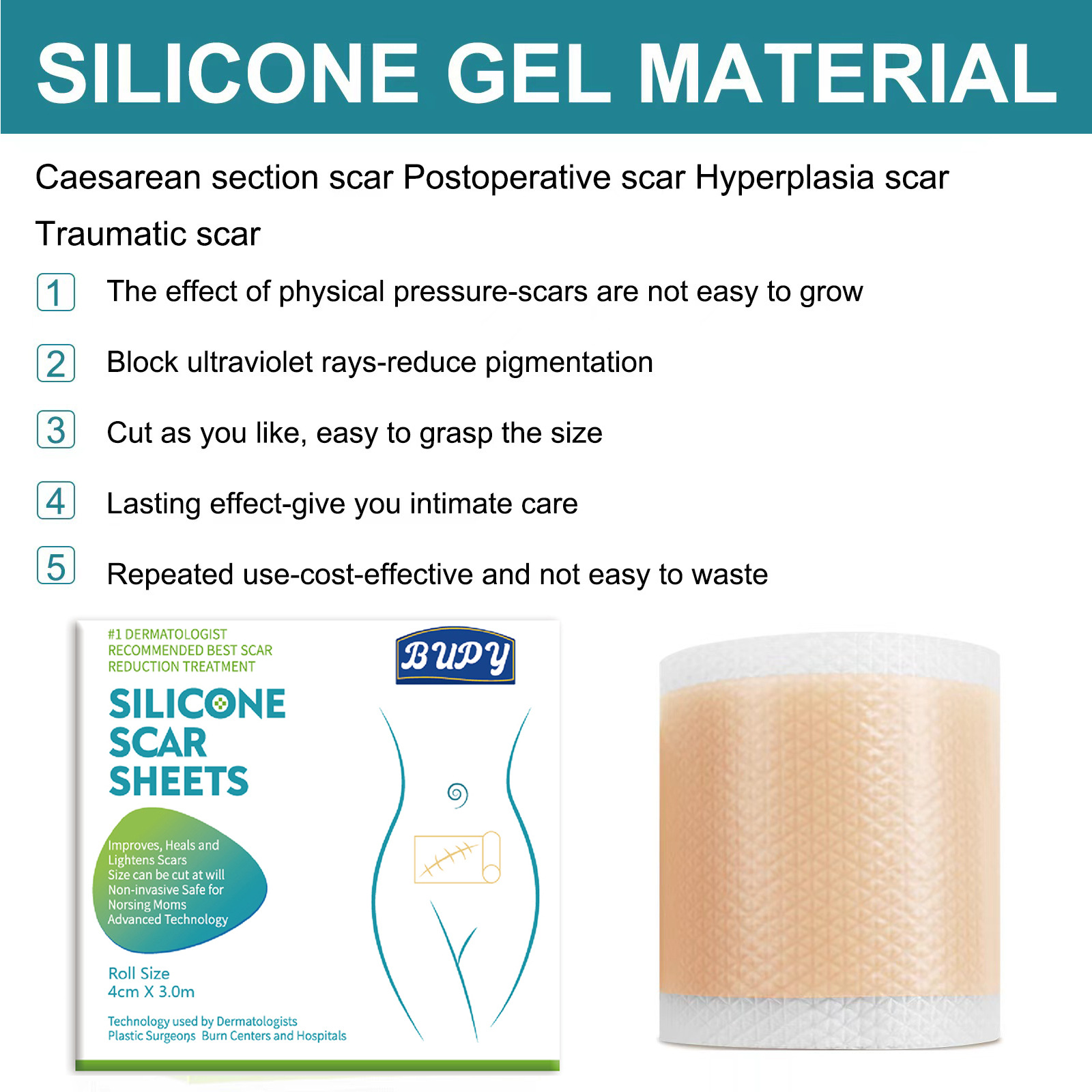 1 Roll Silicone Scar Sheets , 4cmX150cm Self-Adhesive Scar Cover Tape Reusable and Effective Skin Care Strips
