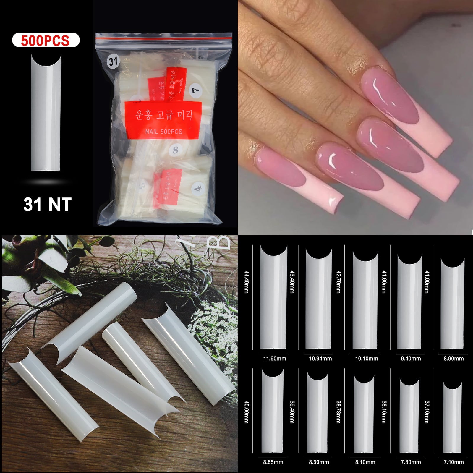 500pcs/Bag Super Long Full False Nail Art Tips Natural Clear Acrylic Fake T Sharp Nails For Salon Design Manicure Kit
