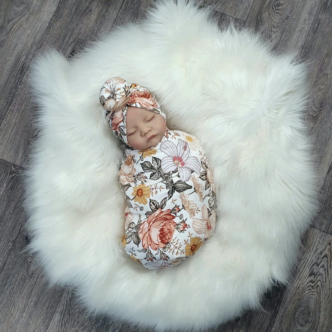 Baby scarf, newborn swaddling cloth, fetal cap and headband, three piece anti shock printed elastic wrap