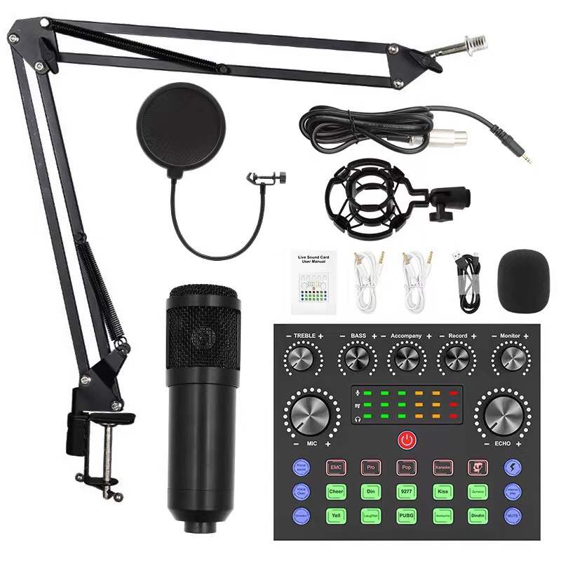 New BM800 Condenser Microphone V8S Sound Card Anchor Computer Recording Stand Full Set for Live Streaming in English