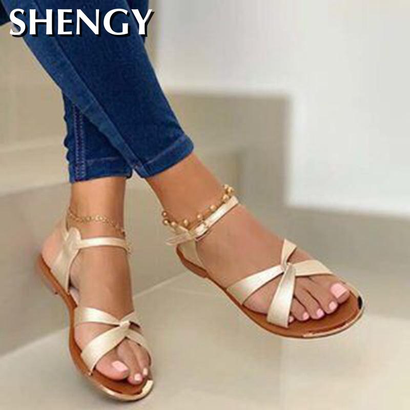 summer women's sandals open toe beach cross straps ladies one-word buckle roman flat shoes