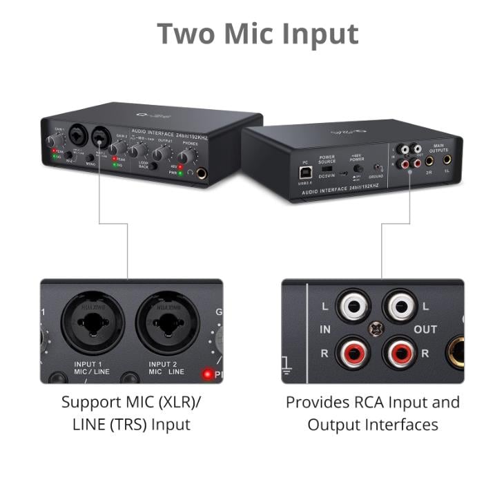 Q-24 Audio Interface Sound Card With Monitor Mixing Console Studio Recording Microphone 48V Phantom Power Sound Mixer