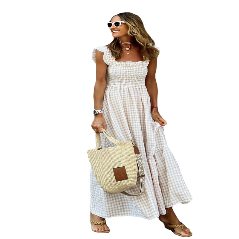 Cross border summer women's patchwork plaid suspender elastic large swing dress