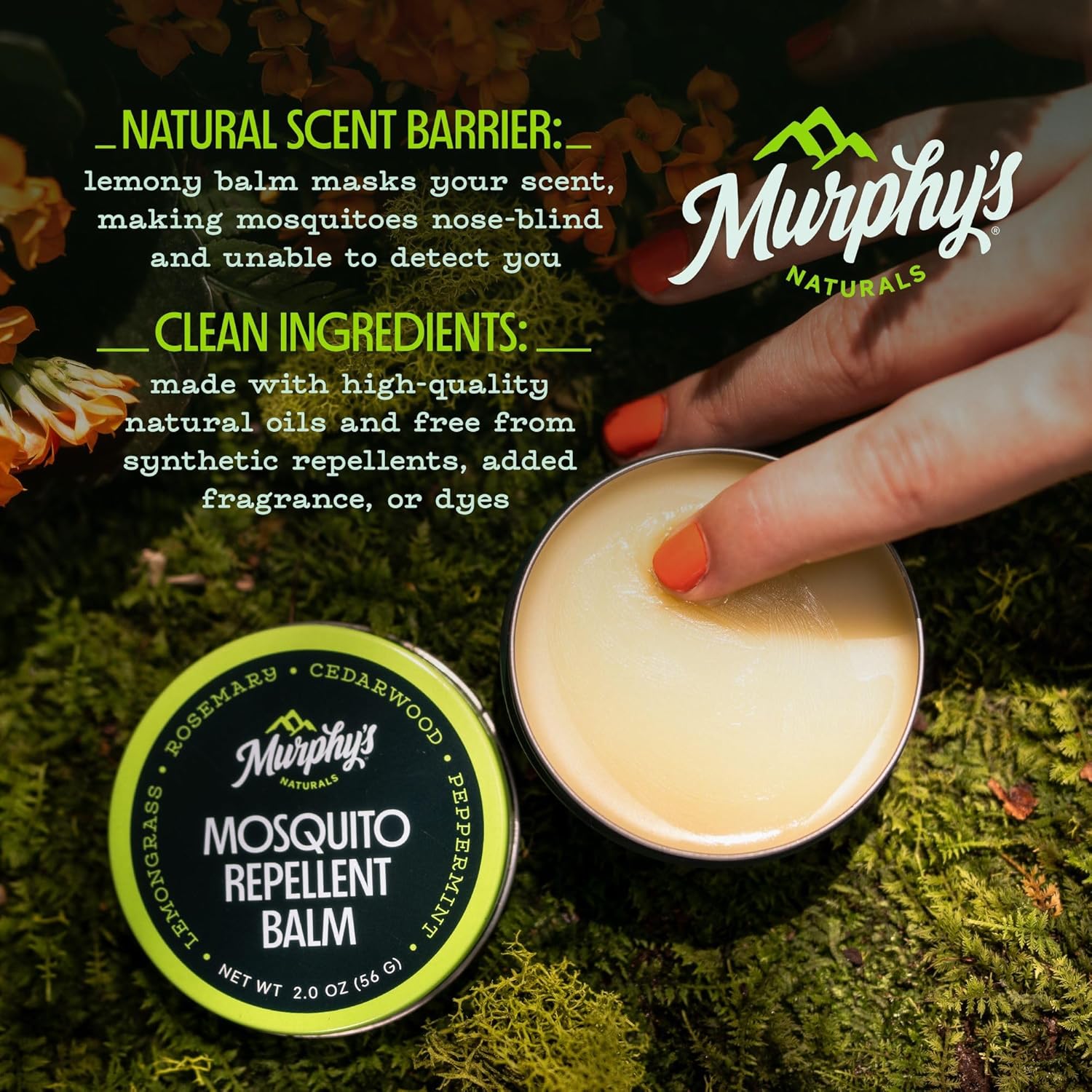 Murphy's Naturals Mosquito Repellent Balm for Outdoor Patio, Hiking, Camping, Plant-Based with Cedarwood, Lemongrass & Rosemary, 2 oz