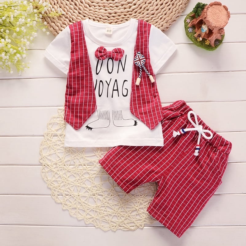 2pcs/set Boys Suit 0-4 Year Baby Cotton Plaid Short-sleeved Shorts Two-piece Set
