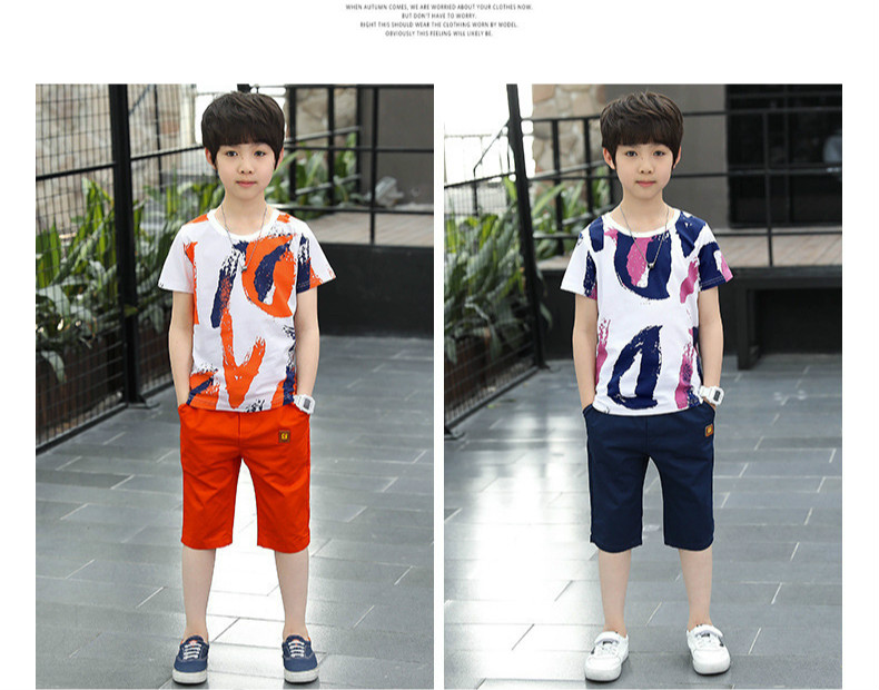 Boys suit summer cotton children's sports short-sleeved shorts two-piece suit big boy summer