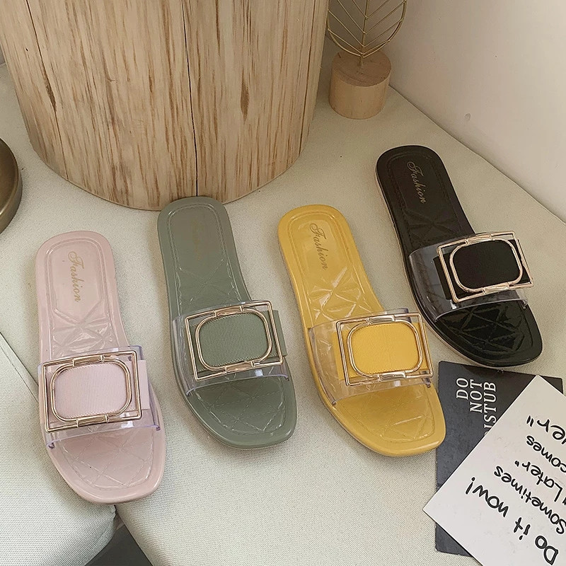 Ladies slippers summer new style square buckle fashion all-match beach shoes flip flops seaside soft-soled shoes