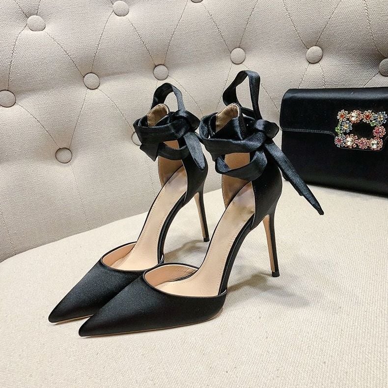 High Heel Sandals Women New Pointed Bow Shallow Mouth Single Shoes Pearl Rhinestone Wedding Shoes