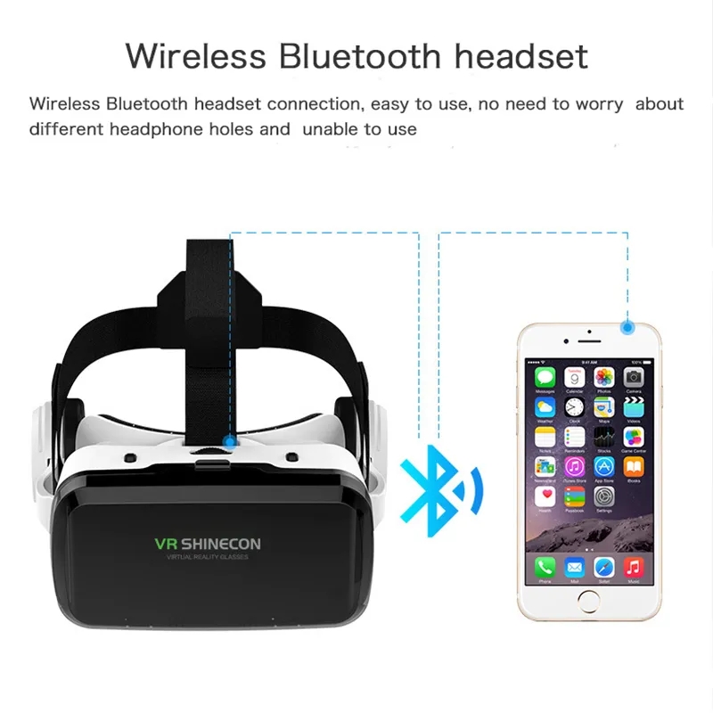 Vr glasses with bluetooth headset 3d virtual reality game helmet vr glasses wireless support for mobile phones under 7 inches