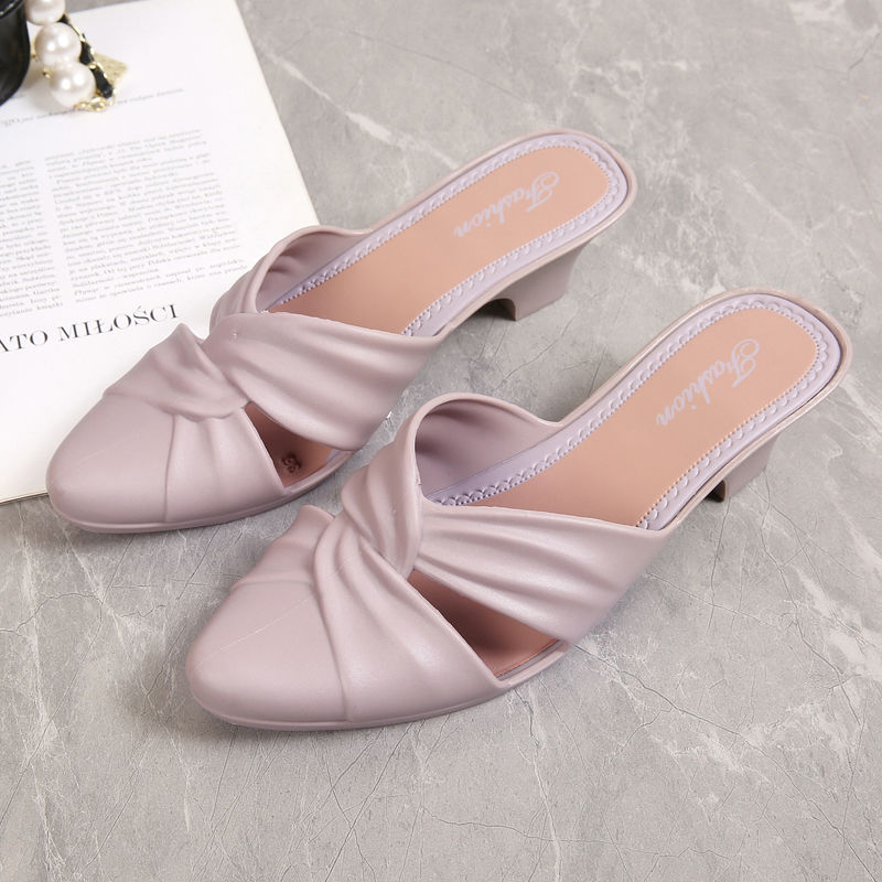 New Summer Elegant Women Fashion Pointed Toe Half Slippers Woman Comfortable Mid Heel Casual Sandals Lady Office Shoes