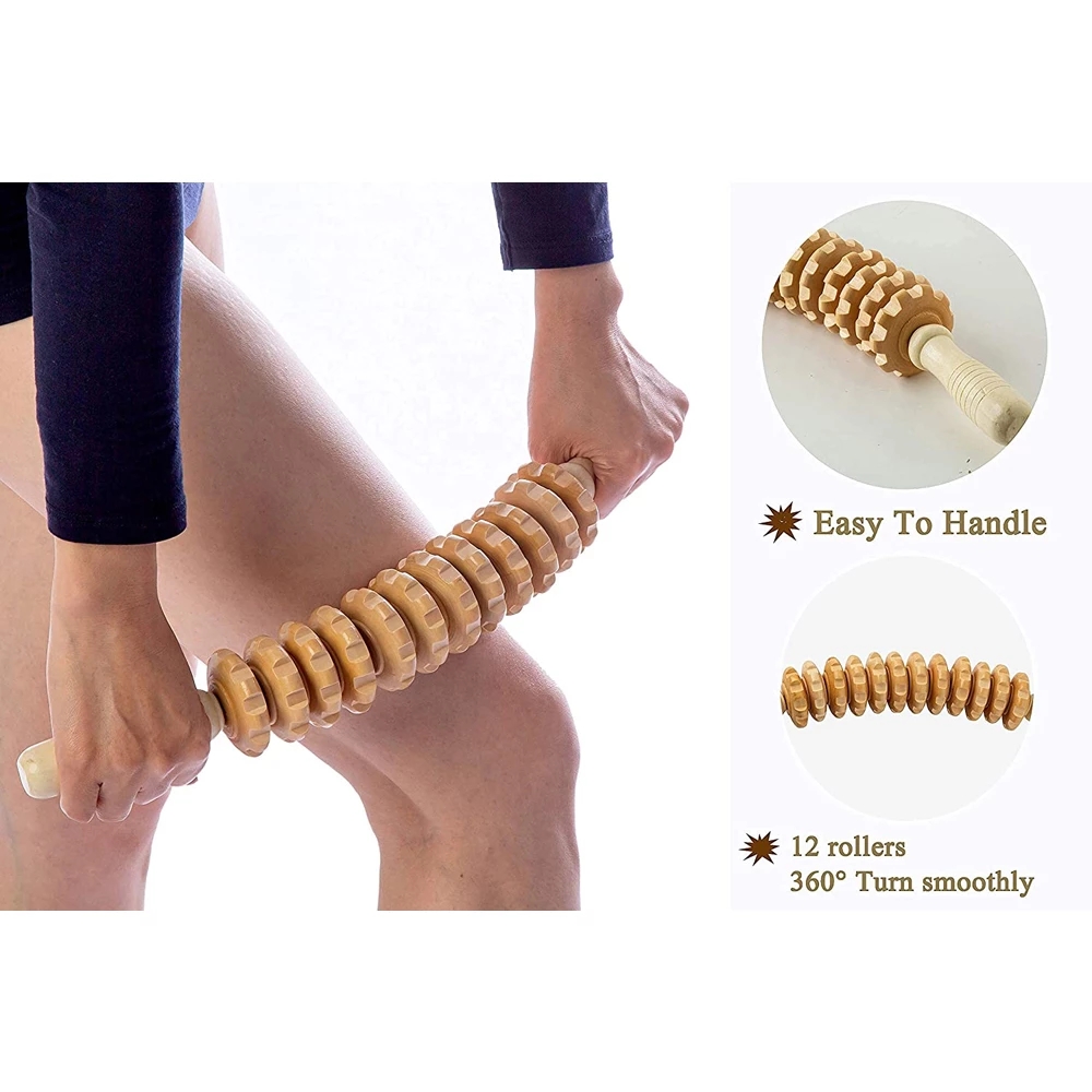 Wooden massager 44 cm curved twelve-wheel push roller massage belly back wooden massager