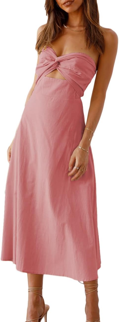 Sexy Twist Front Strapless Sweetheart Neckline Midi Dresses for Women Smocked Cutout Tube Linen Dress Wedding Guest