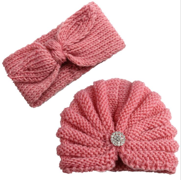 New Wool Hat Hair Decoration Set Winter Thickened Warm Knitted Hat Two Kids Headband Caps Set