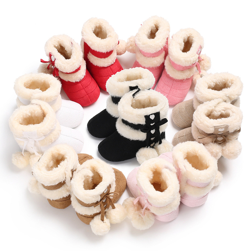 Winter hair ball snow boots warm 0-1 years old baby soft bottom shoes non-slip toddler shoes