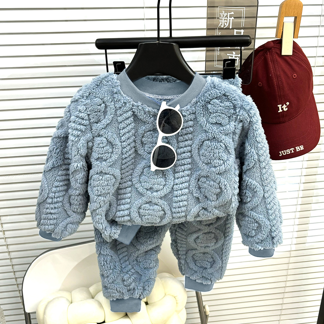 1pc Children's Autumn/Winter French Pajama Set Korean Edition Boys' Velvet Thick Home Clothes Girls' Warm Underwear Set