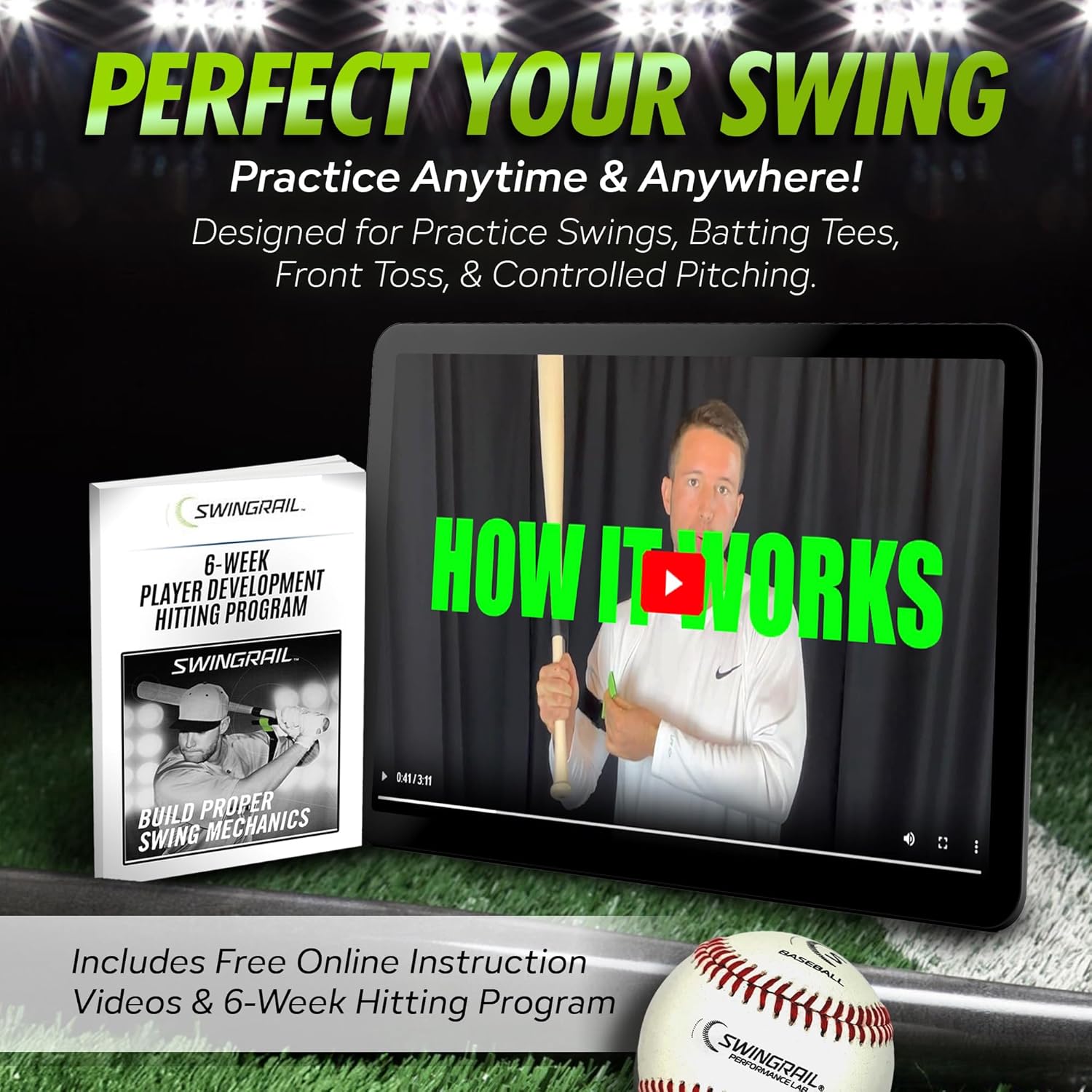 SWINGRAIL Baseball/Softball Hitting Trainer – Swing Trainer Aid for Batting & Hitting Practice – Baseball Training Equipment to Improve Bat Speed, Swi