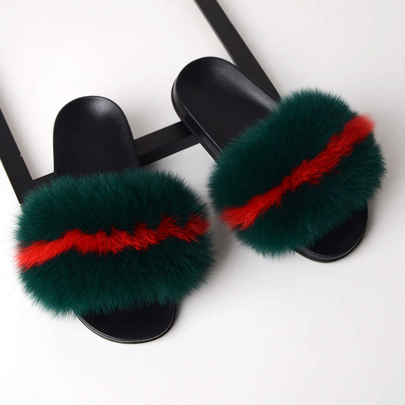 Fur slippers ladies anti-true fox fur slippers home furry flat sandals plush slippers