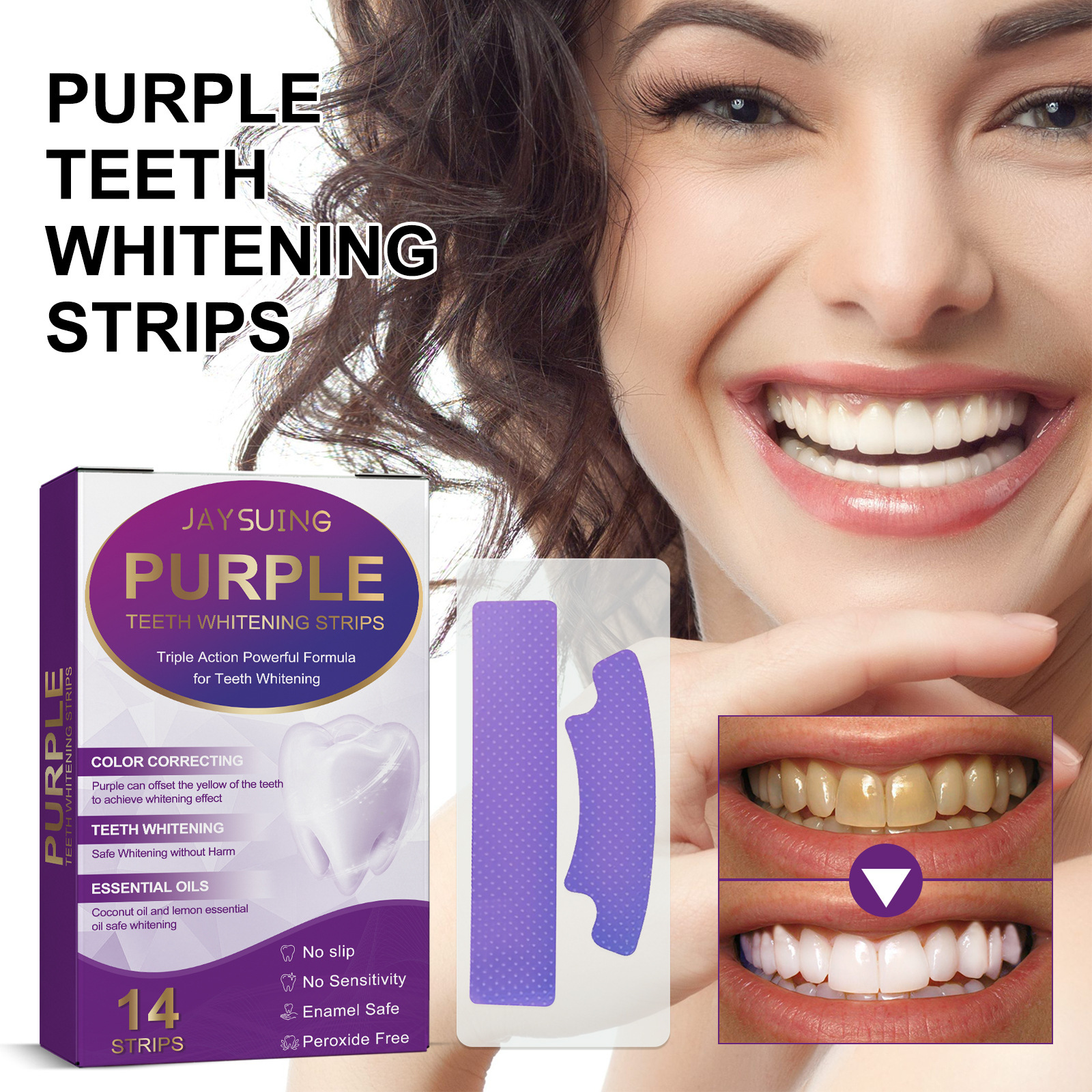 14pcs/box Teeth Bleaching Strip Purple Dental Cleaning Whitener Veneers Oral Hygiene Care Brightening Tooth Whitening Gel Strips
