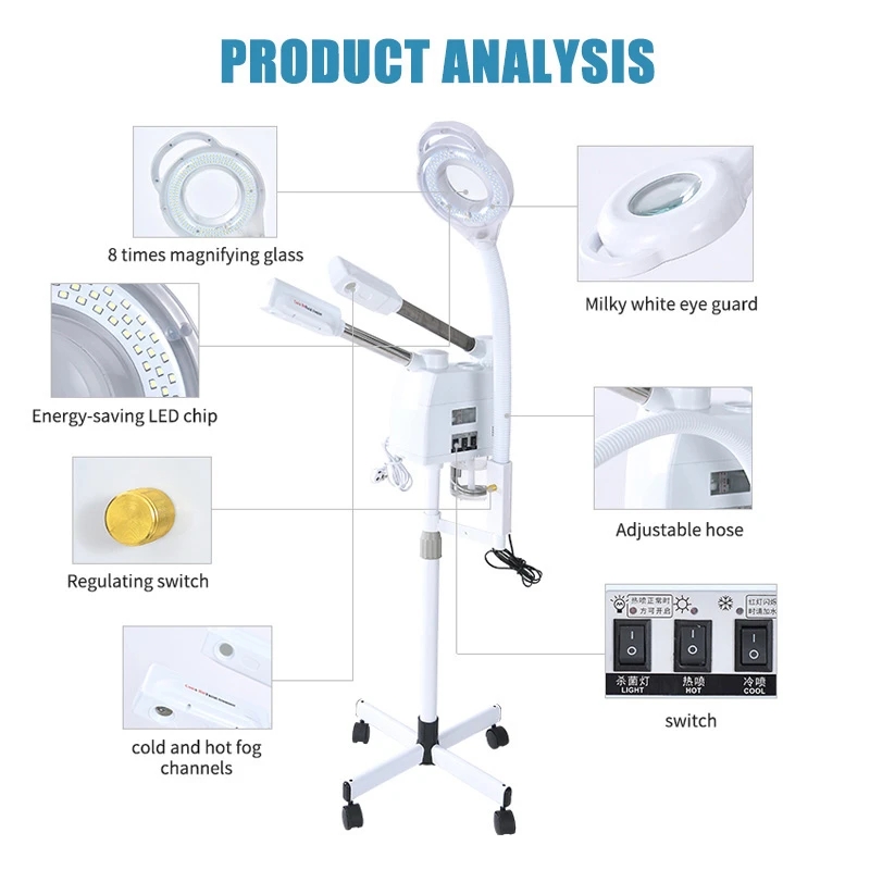 3 in 1 Ozone Nano Ionic Facial Steamer Upgrade Hot Cold Steam Vaporizer Humidifier with 8X LED Magnifying Lamp Beauty Salon Spa