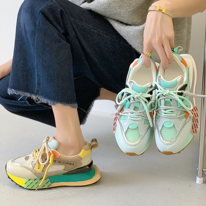 Breathable and versatile sports casual trendy shoes, soft leather dad shoes, women's summer new fashion contrast color thic