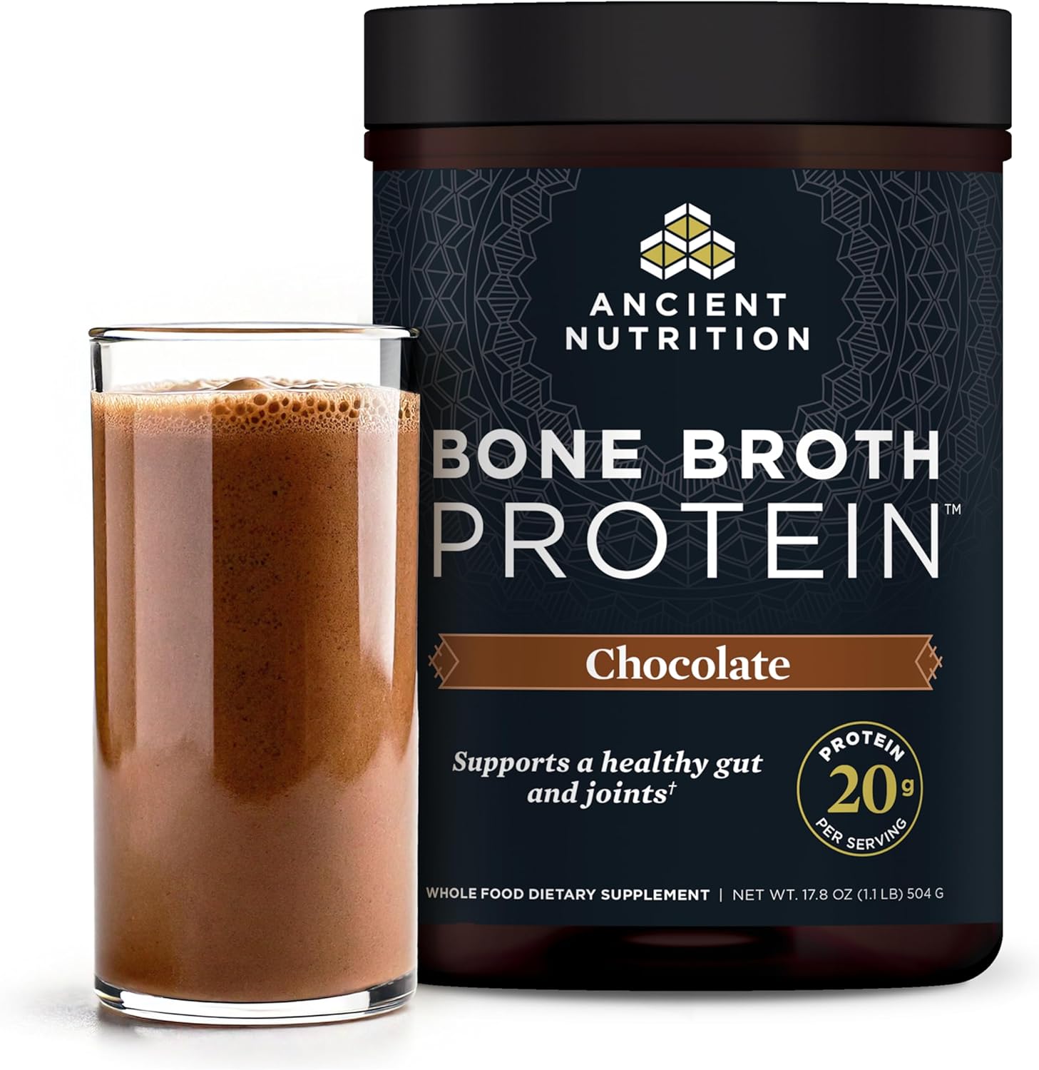Ancient Nutrition Protein Powder Made from Real Bone Broth, Chocolate, 20g Protein Per Serving, 20 Serving Tub, Gluten Free Hydrolyzed Collagen Peptid