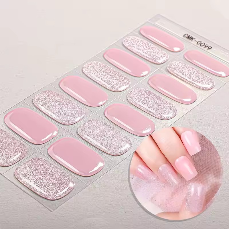 16Tips French Stripe Gel Nail Strips Full Cover Shining Polka Dot Baking-Free Gel Nail Stickers DIY Manicure Decoration