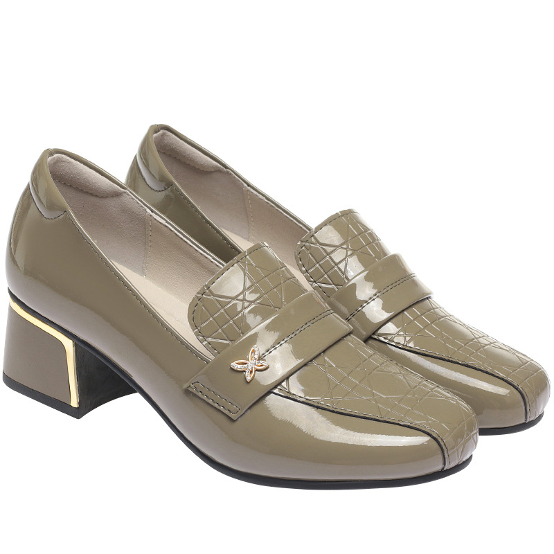 Thick Heel Single Shoes for Women 2024 New Deep Mouth Leather Shoes Mid Heel Lefu Shoes Round Toe Middle aged Women's Shoes