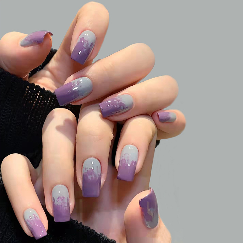 24Pcs/Set False Nail French Purple Color Full Cover Fake Nails Glue DIY Manicure Nail Art With Jelly Glue