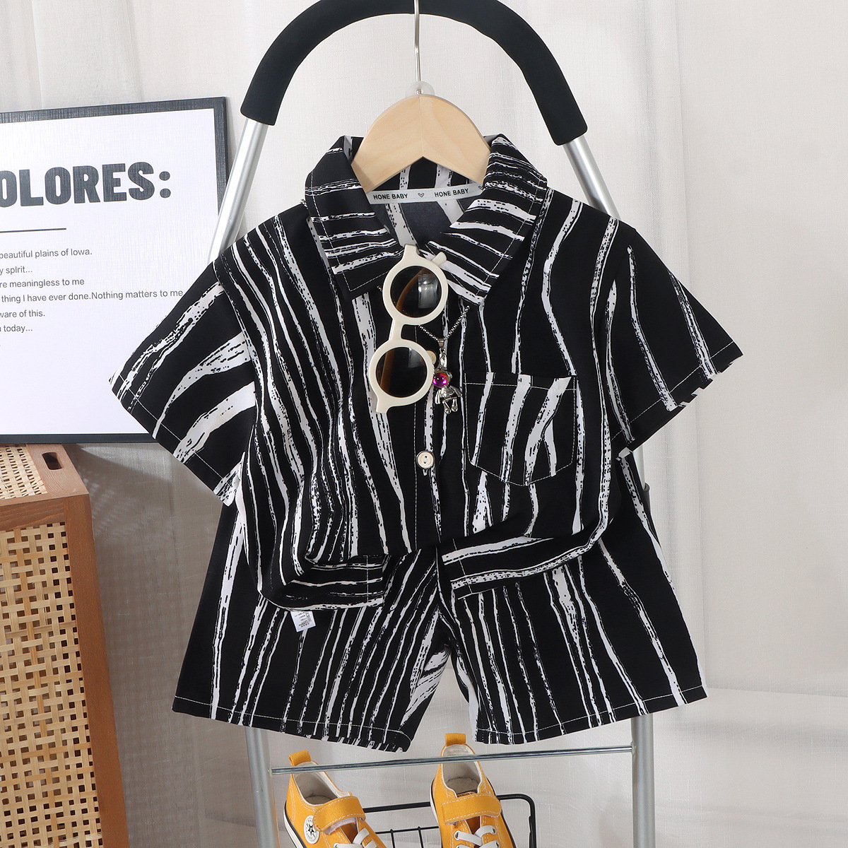 2024 Summer Boys Clothing Set Kids Turn Down Collar Shirt + Shorts Children Stripe Tracksuit 2 Girls Clothes Set