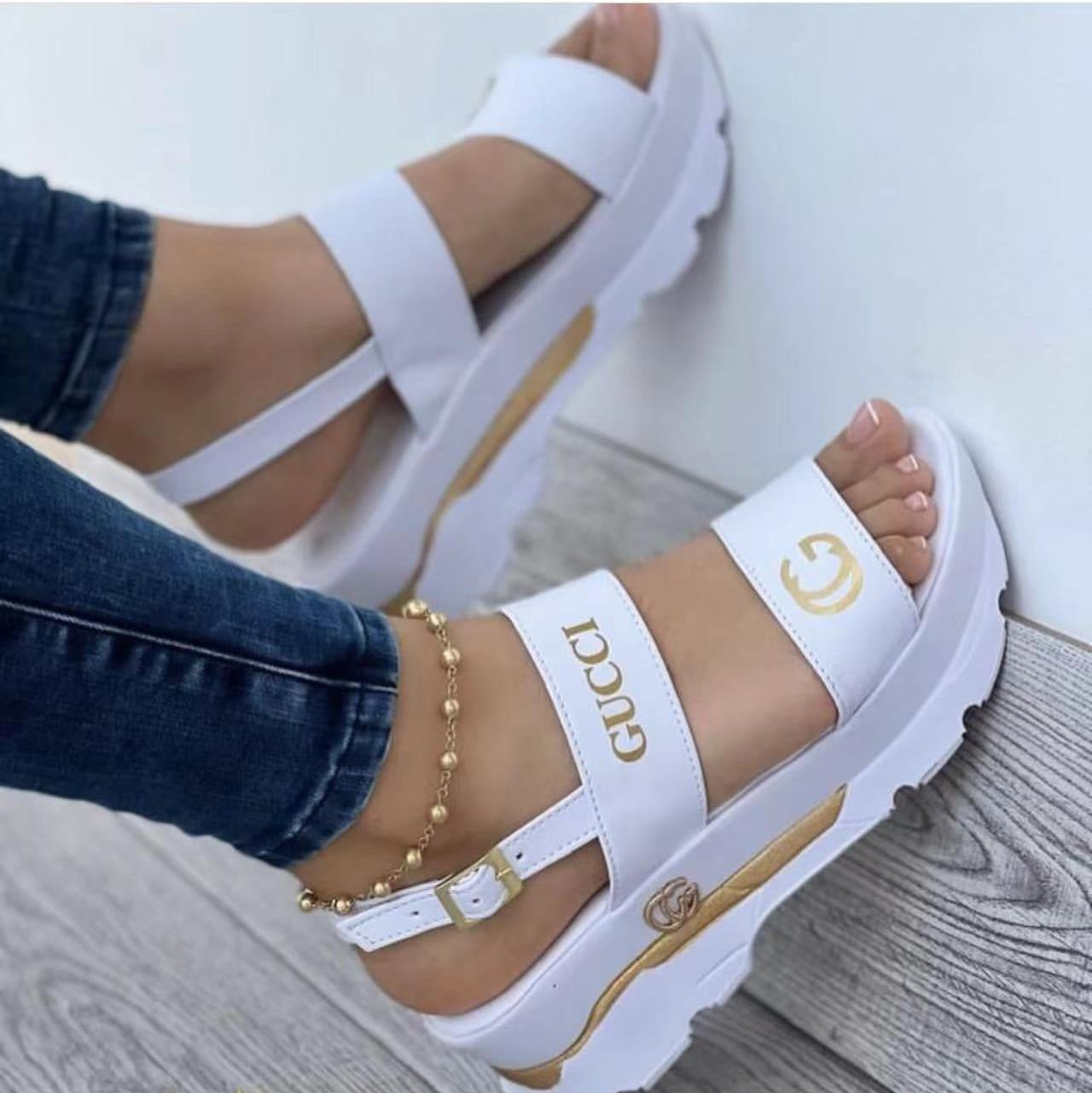 New Wedge Heel High Heel Casual Buckle Fish Mouth Red Faux Leather Rubber Thick Sole Fashion Sandals