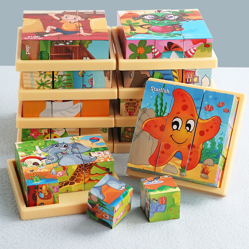 3D cube Wooden puzzle children's nine pieces six-sided wooden block tray children's Montessori learning educational puzzle toys