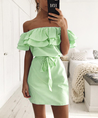 Fashion casual sexy word collar multi-layer ruffled striped lace-up colorful dress
