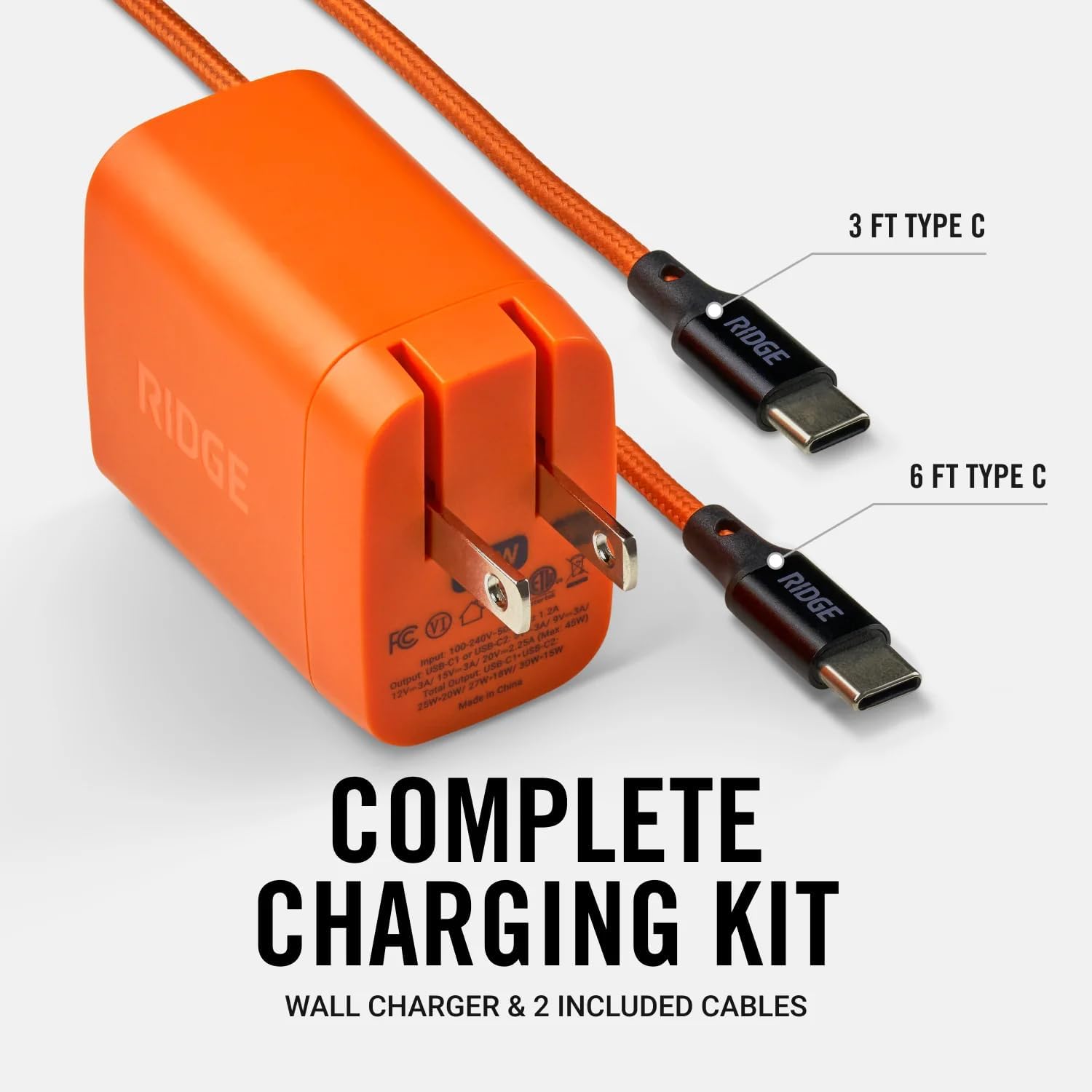 Ridge 45W Wall Charger Set, Dual USB-C Ports, Laptop-Grade Power with Complete Cable Kit Included - Basecamp Orange