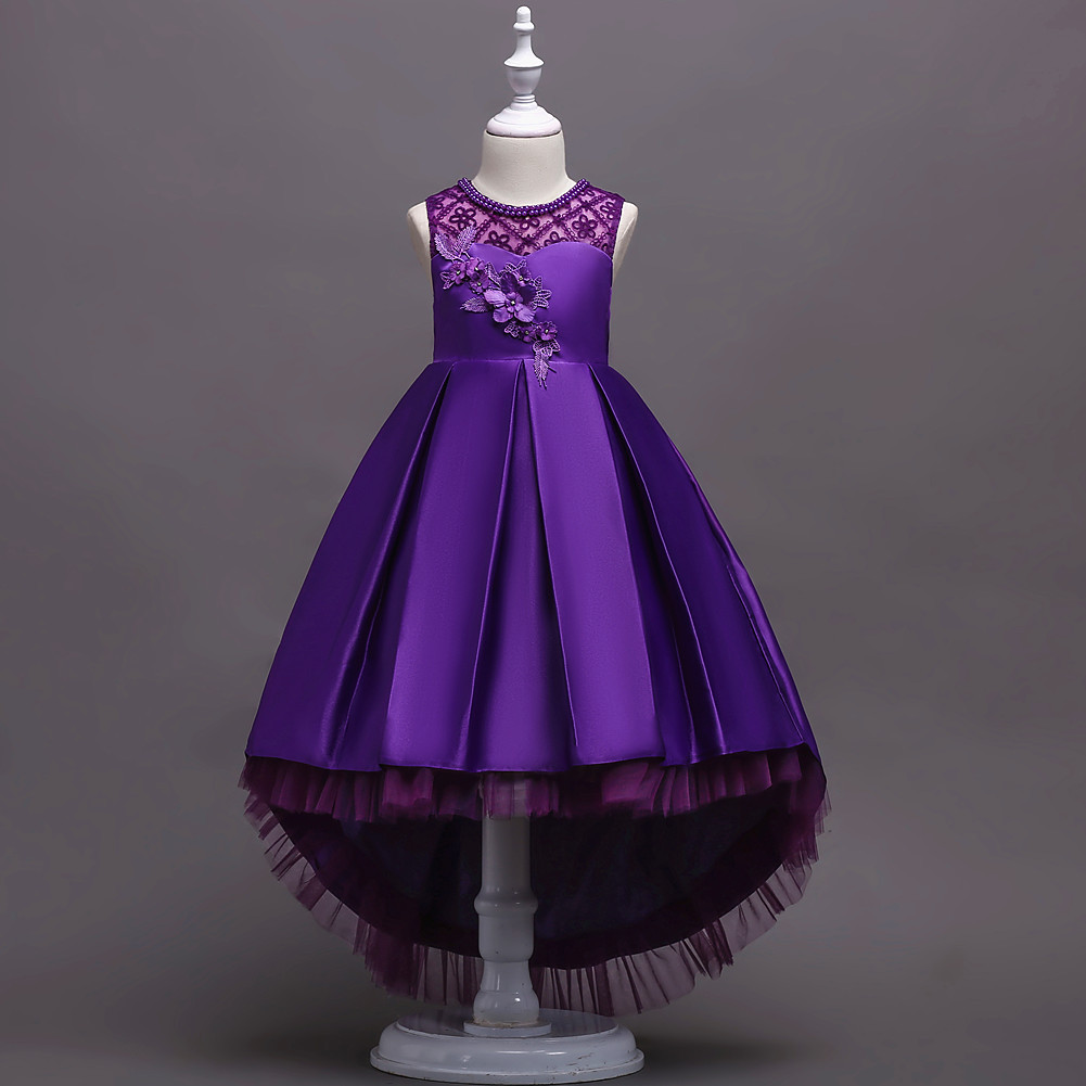 Hot Selling Cotton Mini Satin Fabric Girls Trailing Lace Dress Flower Kids Dresses for Girls Banquet Show Dress for Summer