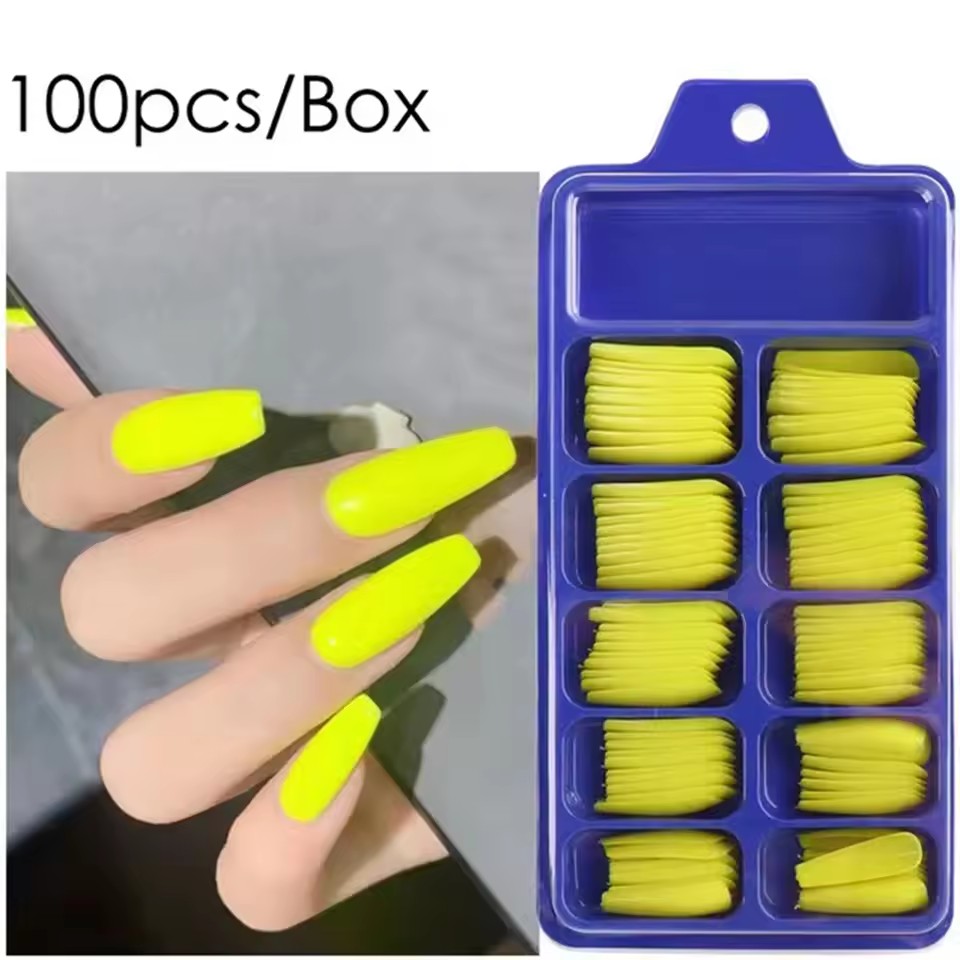 100pcs Nude Pink False Nail Press On Nails Acrylic Extension Coffin Forms Nail Tips Artificial Long Full Cover Fingernails Tools
