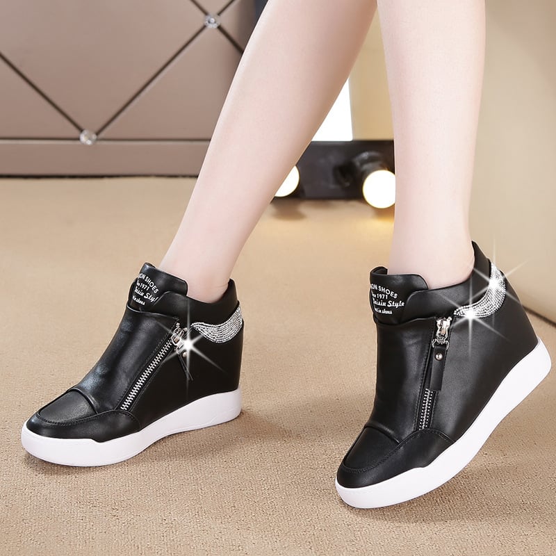 Rhinestone Internal Increased High-top Shoes Trifle Single Shoes Double Zipper Student Travel Sports Casual Shoes Women