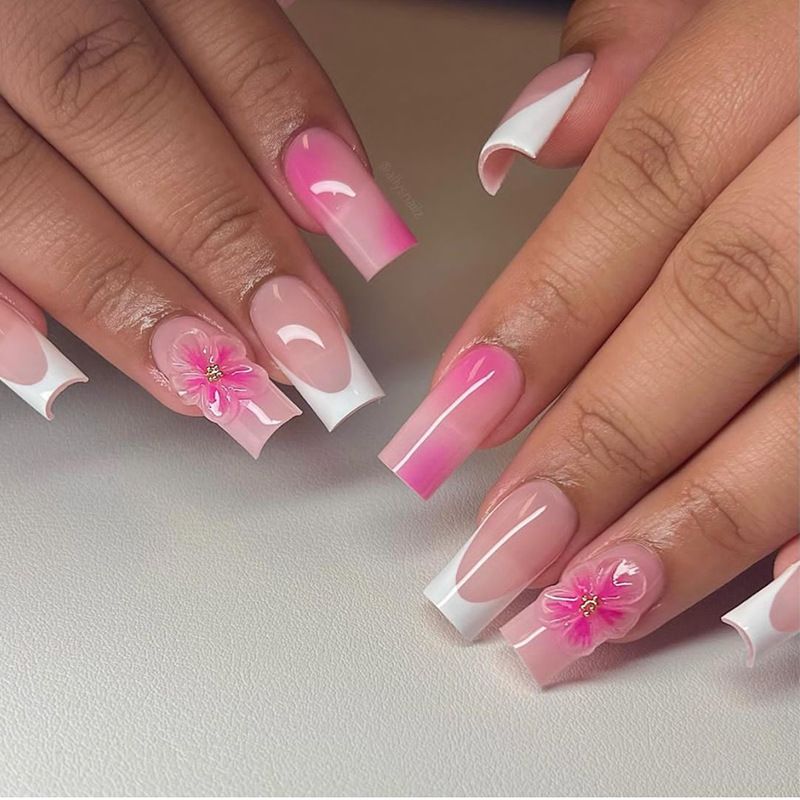 24Pcs French Tip Press On Nails Short Square With Flowers Design False Nails Coffin Fake Nails Wearable Manicure Nail Tips