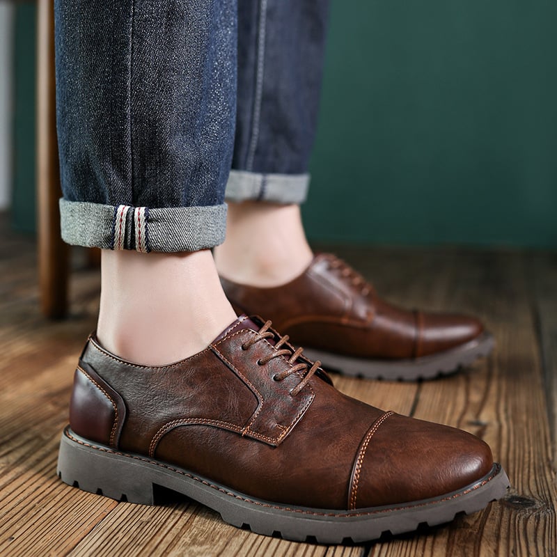 Men's Casual Outdoor Work Shoes Large Size British Style Leather Shoes Comfortable Polyurethane Lined Rubber Soled Derby Shoes