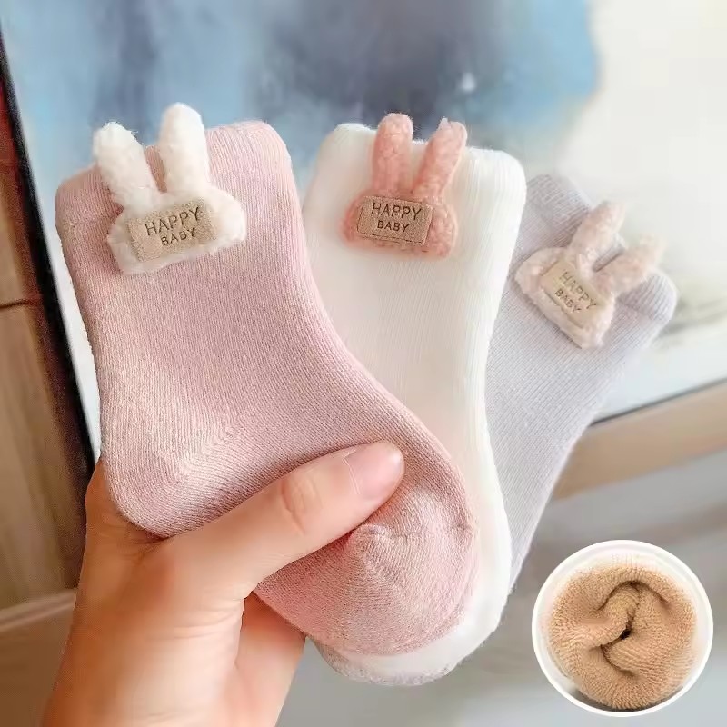 3 Pairs Kids Winter Socks Cute Cartoon Bear Rabbit Thick Plush Warm Middle Tube Socks for Boy Girl Newborn Anti-Cold Sleep Socks