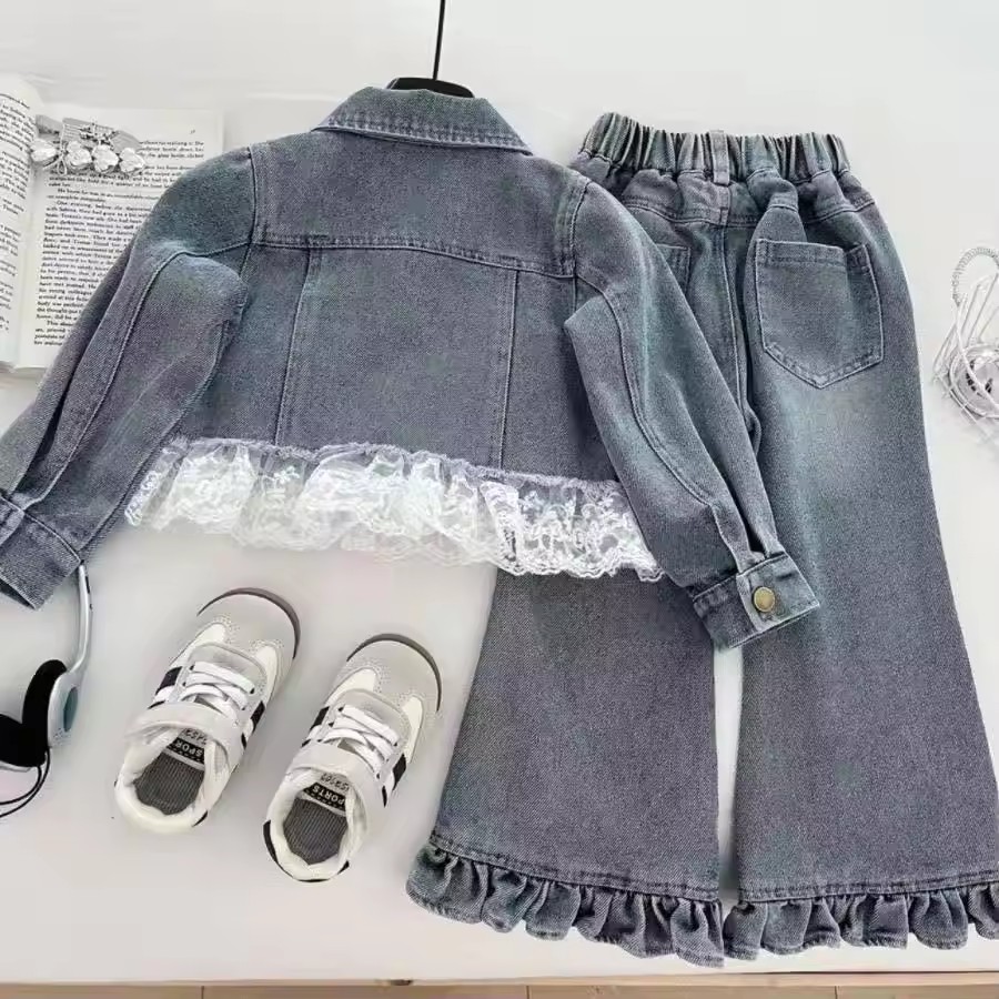 Girls' Denim Suit Autumn New Korean Version Girls' Denim Top+lace Pants Cute Denim Two-piece Set 100-150CMCM