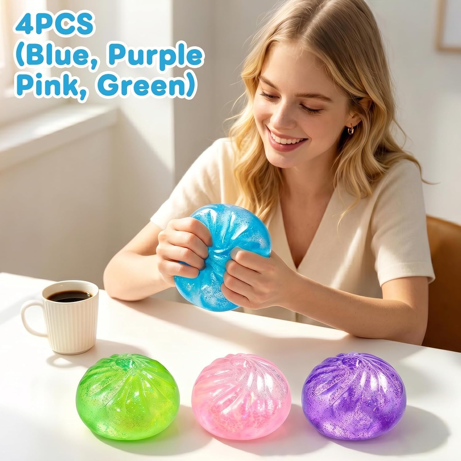 4PCS Glitter Dumpling Squishies, Sensory Stress Relief Toy for Adults, 2026 New Squeezes Dough Ball, Cute Dumplings Fidget Decompression Gift, Desk Co